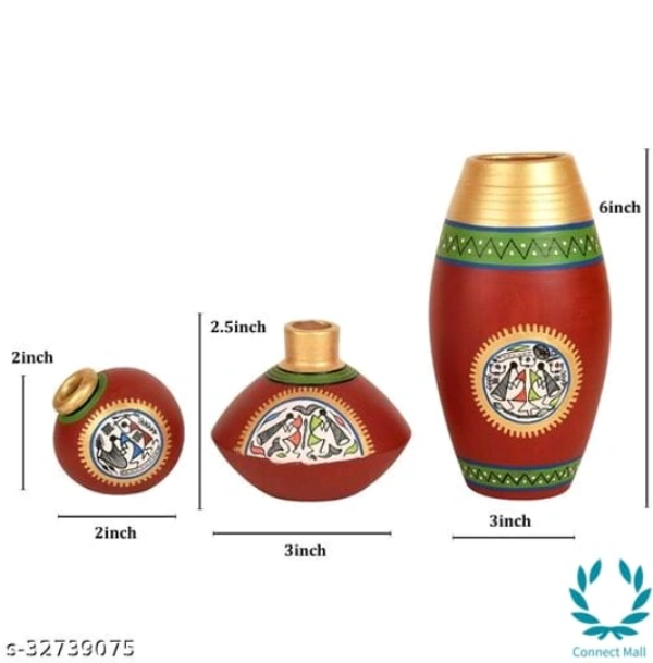 Handcrafted Rustic Warli Vases In Red Colour Pack Of 3 Sizes - 3